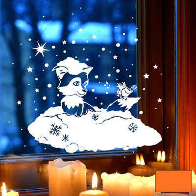 ilka parey wandtattoo-welt Winter Fox and Bird Window Decal M1705, Orange, XL 51 x 51 cm