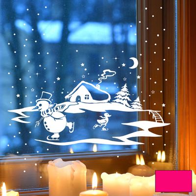ilka parey wandtattoo-welt Window Decal Winter Scene: Snowman and Duck Ice Skating, Winter House and Fir Trees M1703, Pink, M – 28 × 18 cm