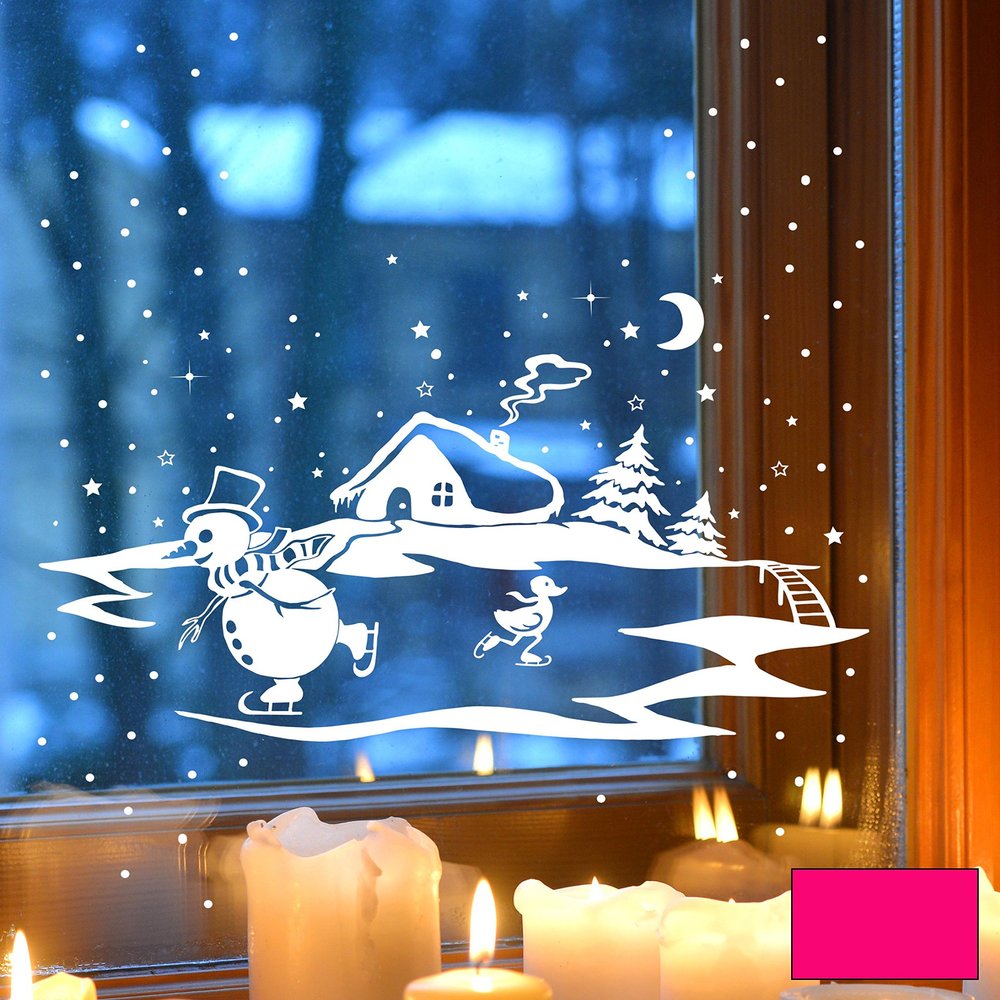 ilka parey wandtattoo-welt Window Decal Winter Scene: Snowman and Duck Ice Skating, Winter House and Fir Trees M1703, Pink, M – 28 × 18 cm