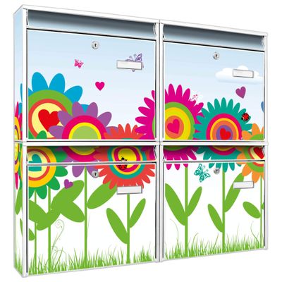 banjado 4-Compartment Mailbox System, White Galvanized Steel, DIN A4, Colorful Flowers