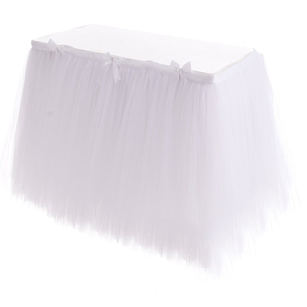 HBBMAGIC DIY Tulle Table Skirt, White, 275 x 76 cm, Party Decoration for Weddings, Birthdays, Baptisms, Baby Showers and Banquets