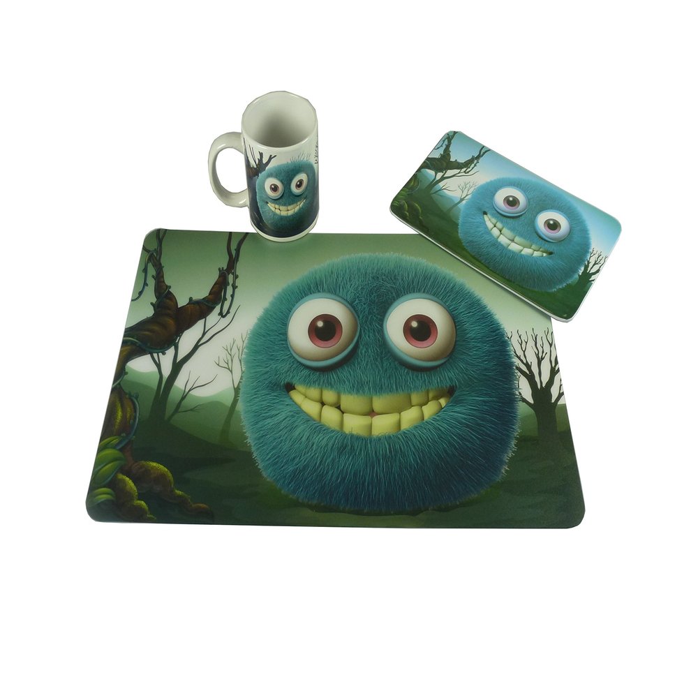 Little Monster Table Set – Placemat + Board + Cup, with Blue Monster