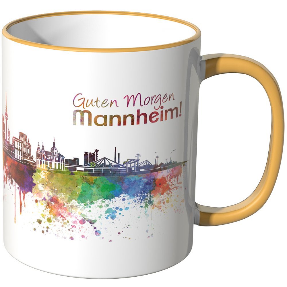 WANDKINGS Mug, “Good Morning Mannheim!” Lettering with Skyline – Dark Yellow
