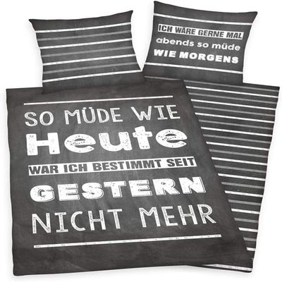 Herding Young Collection Bedding Set, Reversible Design with Saying, Duvet Cover 135 x 200 cm, Pillowcase 80 x 80 cm, Cotton/Renforcé, Gray