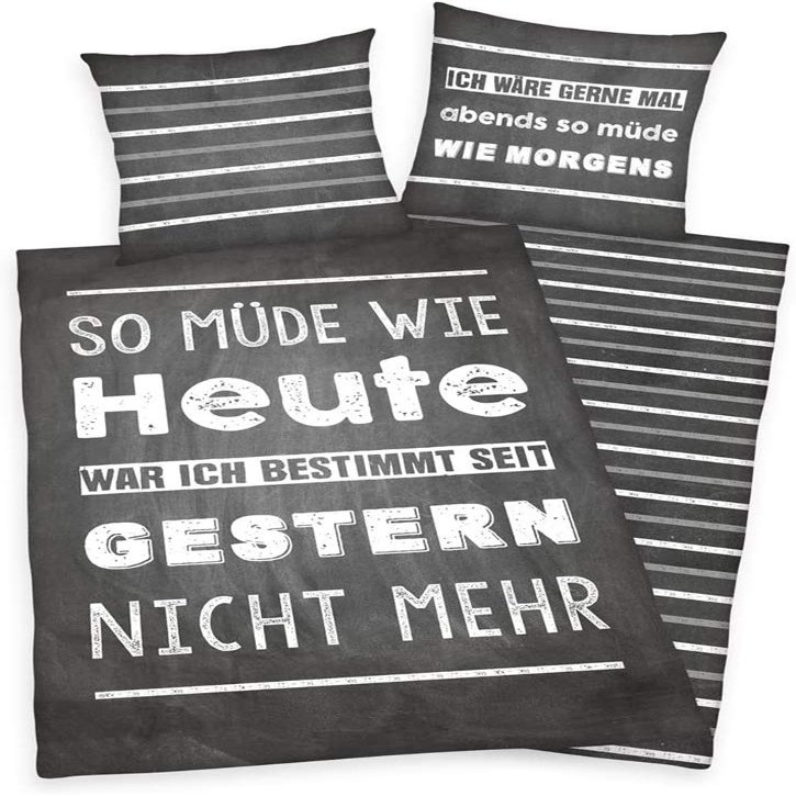 Herding Young Collection Bedding Set, Reversible Design with Saying, Duvet Cover 135 x 200 cm, Pillowcase 80 x 80 cm, Cotton/Renforcé, Gray