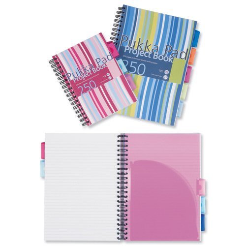 Pukka Pad PROBA5 Project Book, 3-Pack, Spiral-Bound, Plastic, Ruled, 3 Sections, 250 Pages, 80 gsm, A5, Assorted Colors, 6-Pack, Single Pack