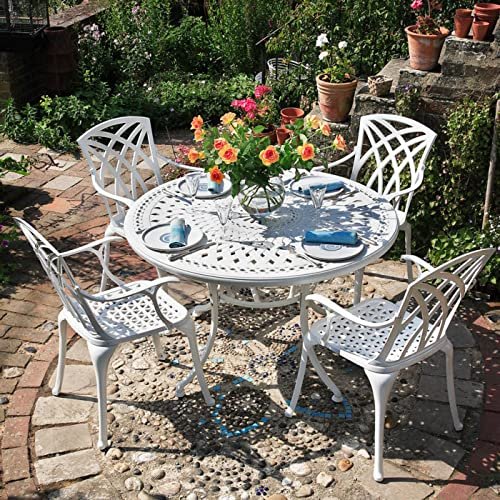 Lazy Susan 120 cm Round Alice Garden Table in White with 4 April Chairs and Green Seat Cushions | Sustainable Sand-Cast Aluminum | Weather-Resistant | Rust-Free | Low-Maintenance | 3-Year Warranty