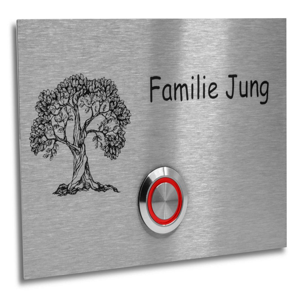 London 002 Doorbell Plate, V2A Stainless Steel, Tree Motif (Red LED)