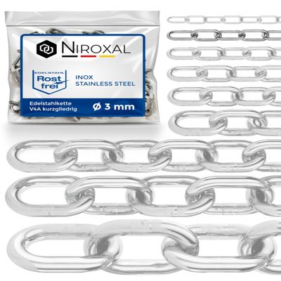 V4A A4 Stainless Steel Short-Link Chain DIN 766 / DIN 5685, 3 mm x 3 m, 1 pc. for Decorative & Light Applications
