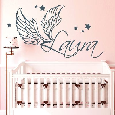 Loft Angel Wings and Stars Wall Decal with Custom Name, Dark Green, 35 cm