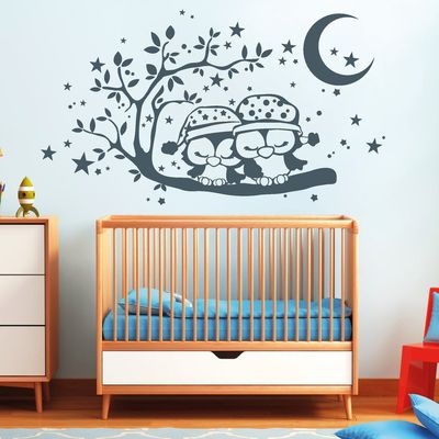 Loft Wall Decal “2 Sleeping Owls on a Branch with Moon, Stars and Dots” / Wall Sticker / 54 Colors / 2 Sizes / Brilliant Blue / 80 cm H x 140 cm W