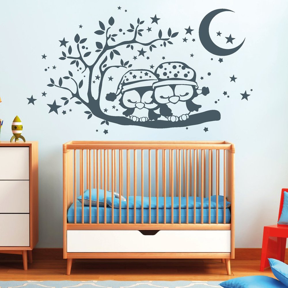 Loft Wall Decal “2 Sleeping Owls on a Branch with Moon, Stars and Dots” / Wall Sticker / 54 Colors / 2 Sizes / Brilliant Blue / 80 cm H x 140 cm W