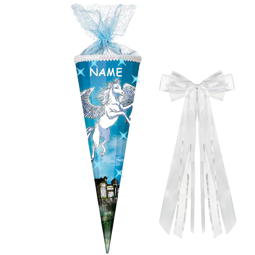 3D Glitter School Cone, Unicorn/Pegasus, 85 cm, Personalized with Name and Large Bow