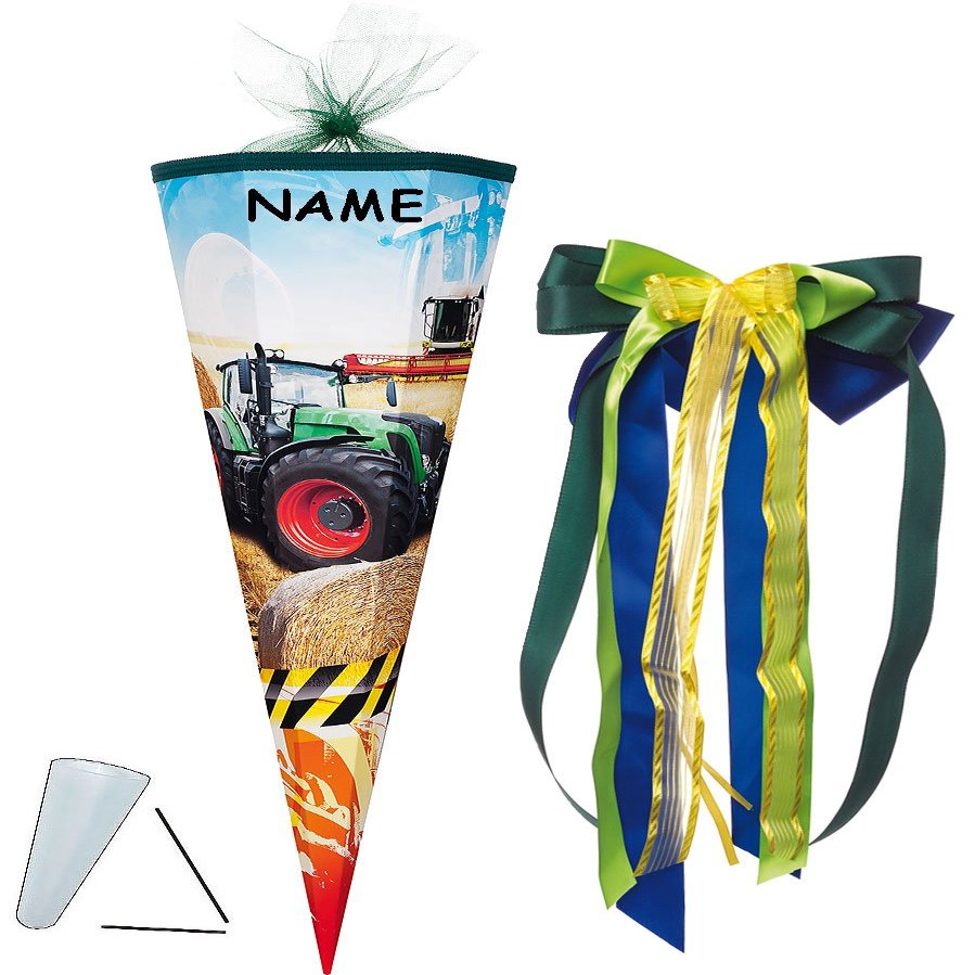 School Cone – Tractor & Combine Harvester, 22–100 cm, with Name and Large Bow