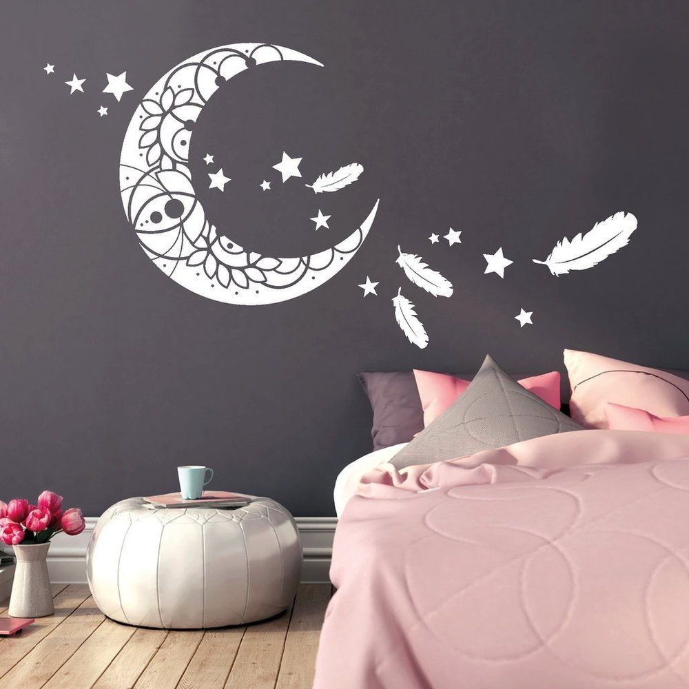 Wandtattoo Loft “Moon with Mandala Pattern, Stars and Feathers” Bedroom Wall Sticker / 54 Colors / 3 Green/Sulfur Yellow / 41 cm High x 80 cm Wide