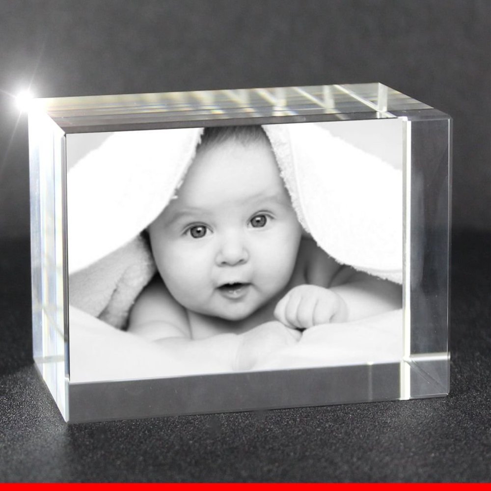 VIP-LASER 2D Engraved Glass Crystal Block, Landscape, XL, with Your Baby Photo, 80 x 50 x 50 mm