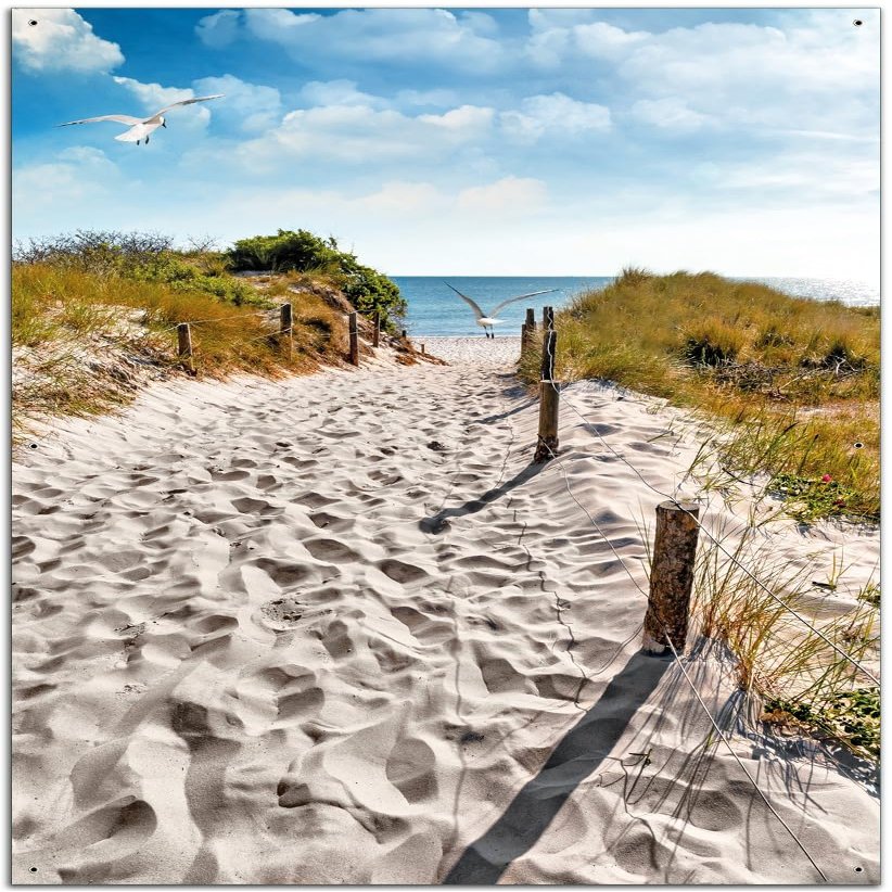 Wallario Outdoor Poster for Garden or Balcony, Seagulls on the Way to the Beach, Approx. 60 x 90 cm