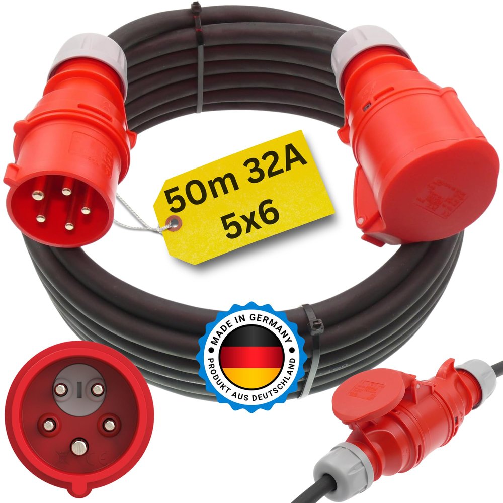 netbote24 32A Heavy-Duty Extension Cable, 50 m, H07RN-F 5x6 mm², with Phase Inverter, CEE, IP44