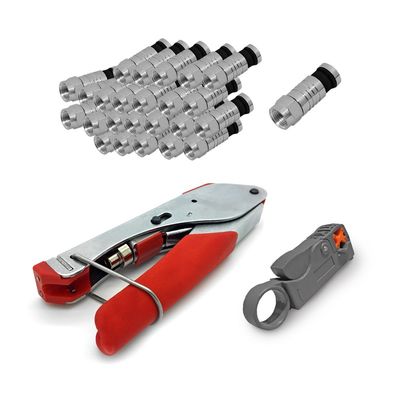 HD Satellite Cable Compression Tool with Stripper and 100 F Compression Connectors, 7–7.5 mm, ARLI