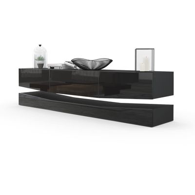 Vladon City Lowboard, Made in Germany, TV Cabinet with Plinth Element, 1 Open Compartment and 3 Drawers, Matte Black/High-Gloss Black (178 x Variable x 39 cm)