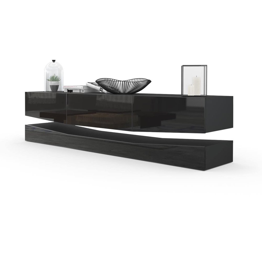 Vladon City Lowboard, Made in Germany, TV Cabinet with Plinth Element, 1 Open Compartment and 3 Drawers, Matte Black/High-Gloss Black (178 x Variable x 39 cm)