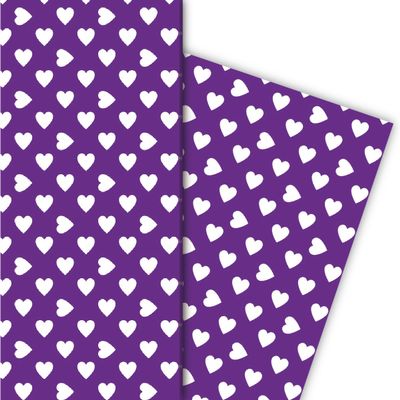 Kartenkaufrausch Romantic Large Hearts Gift Wrapping Paper Set, 4 Sheets, White on Purple, 32 x 48 cm