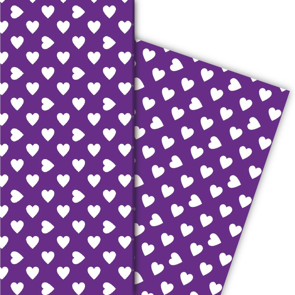 Kartenkaufrausch Romantic Large Hearts Gift Wrapping Paper Set, 4 Sheets, White on Purple, 32 x 48 cm
