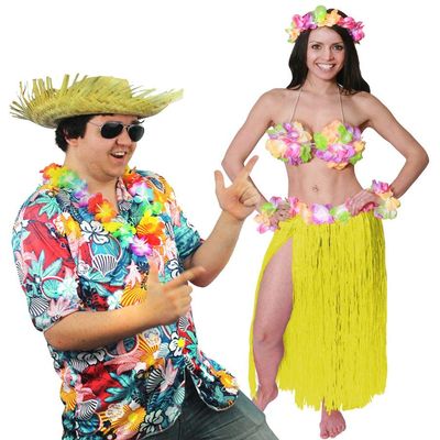 I LOVE FANCY DRESS LTD Hawaiian Couple Costume with Beach Comber Hat and Yellow Hula Skirt