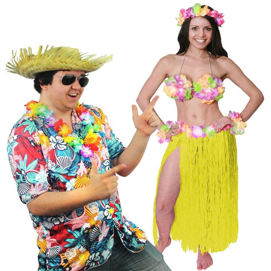 I LOVE FANCY DRESS LTD Hawaiian Couple Costume with Beach Comber Hat and Yellow Hula Skirt
