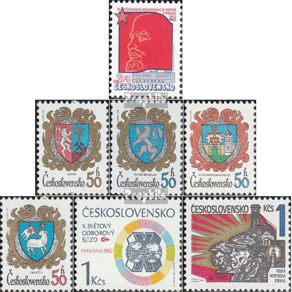 Prophila Collection Czechoslovakia 2647, 2651–2654, 2655, 2656 (Complete Issue), MNH **, 1982 Party, Coat of Arms, Trade Union, Strei (Collector Stamps) Flags/Coats of Arms/Maps