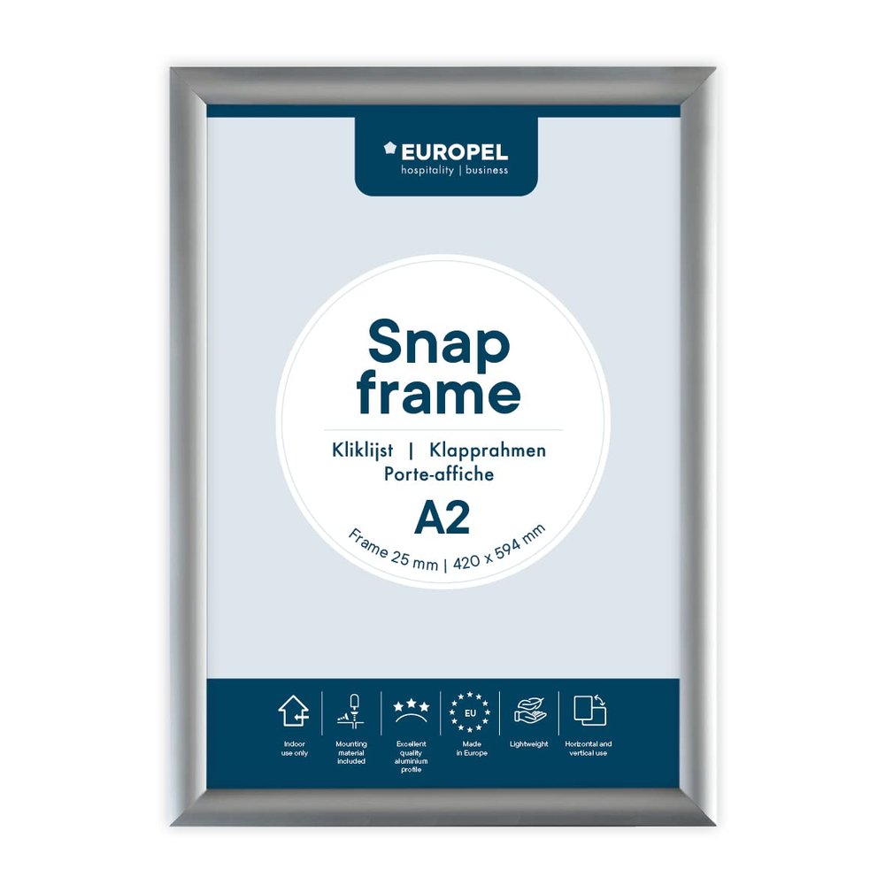 Europel A2 Snap Frame, Aluminum, 25 mm Profile, Mitered Corners, Silver
