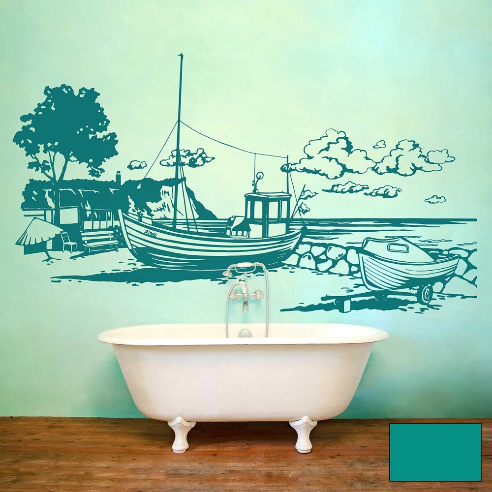 Wall Decal Coastal Landscape Rügen Chalk Cliffs Arkona Vilm M1981, Turquoise, Size L: 100 x 55 cm