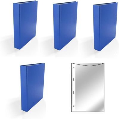 4 Ring Binders, A5, 2-Ring, Blue + 100 Sheet Protectors