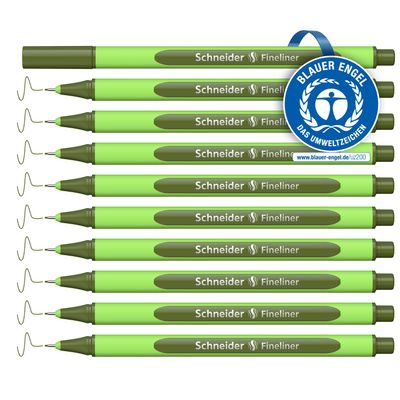 Schneider Line-Up Fineliner (0.4 mm line width, made of biobased plastic, Blue Angel certified), 10-pack, olive green