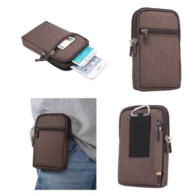 DFV mobile Universal Vertical-Stripe Pouch Case with Zipper and Carabiner for Caterpillar Cat B30, Brown, 17 x 10.5 cm