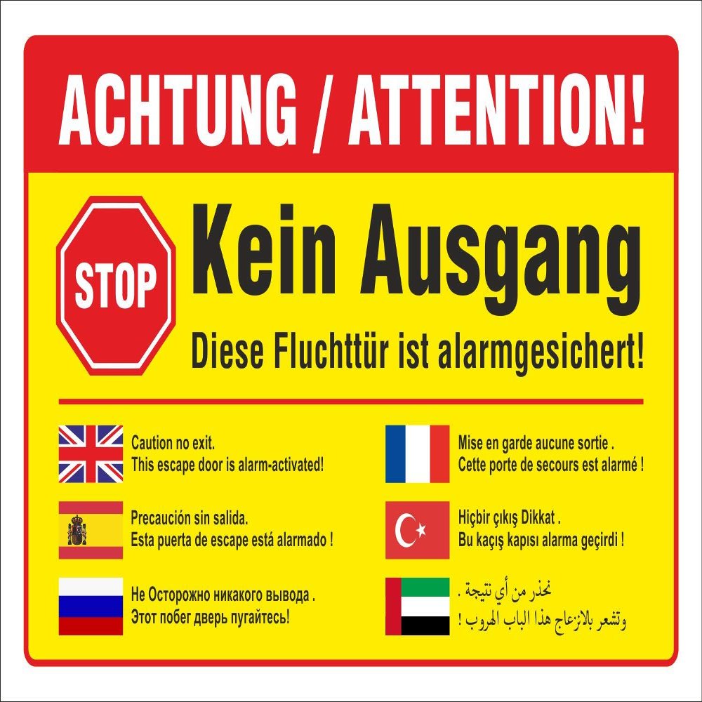 No Exit/Emergency Exit Door Alarmed Sign, Multilingual, 450 x 300 mm