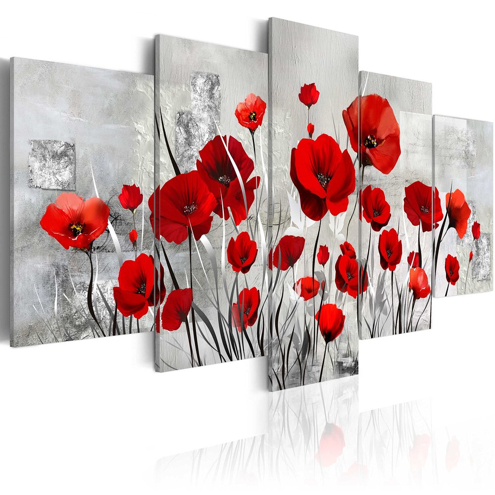B&D XXL - Canvas Print Poppy Flowers Texture Gray, 200 x 100 cm, 5-Piece