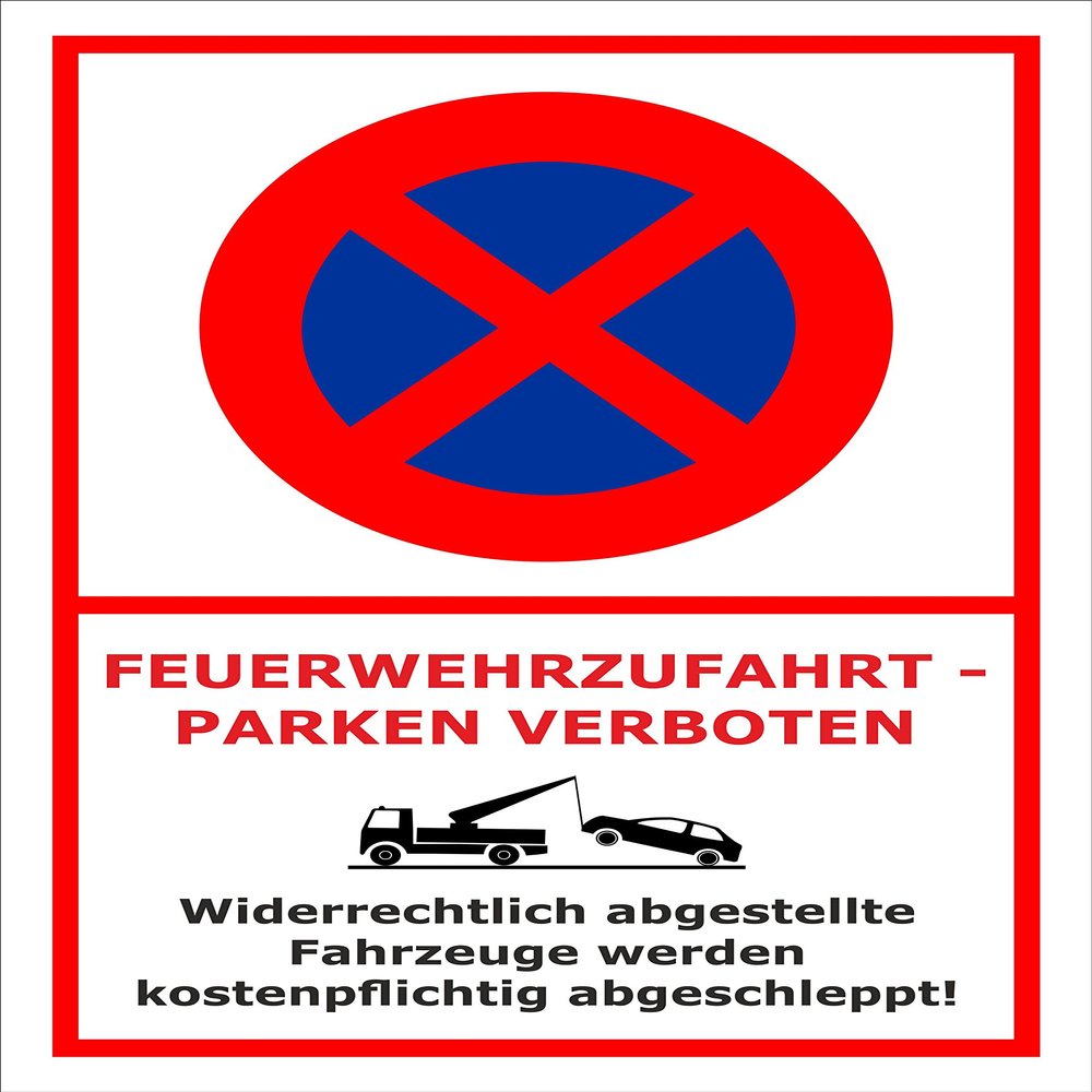 Melis-Folienwerkstatt No Parking Towing Sign – Fire Access/Emergency Route, 45 x 30 cm, 3 mm Rigid Foam, Various Sizes and Materials