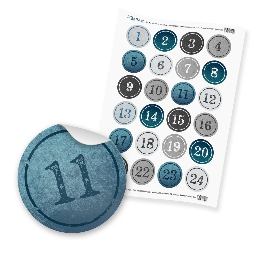 itenga Advent Calendar Numbers Stickers 1-24 - 4cm Blue Light Blue Gray Silver Glossy