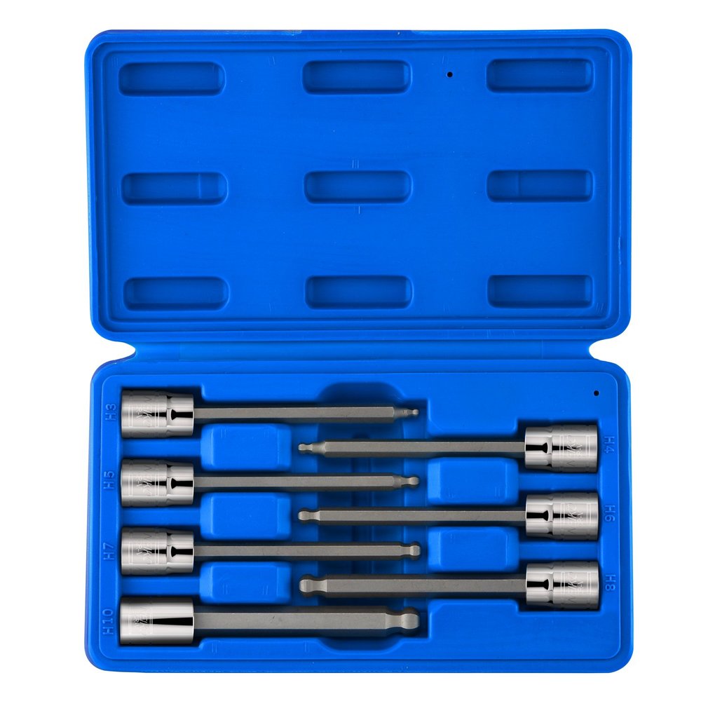 Neiko 10243A 3/8-Inch Drive Extra-Long Ball-End Hex Bit Socket Set, Metric, 3–10 mm, S2 Steel, 7-Piece