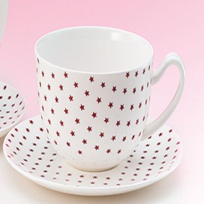 Stars Jumbo Cup with Saucer, 500 ml, Fine Porcelain, White-Burgundy