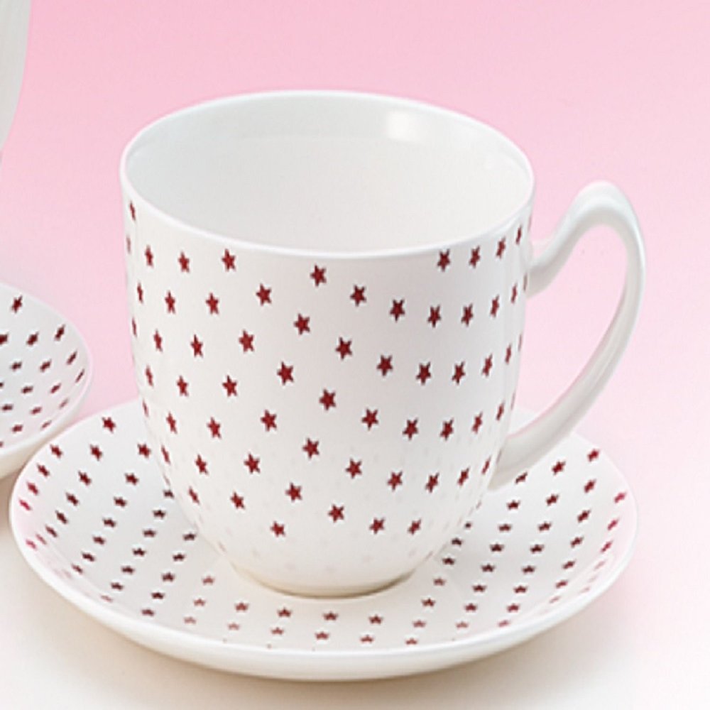 Stars Jumbo Cup with Saucer, 500 ml, Fine Porcelain, White-Burgundy
