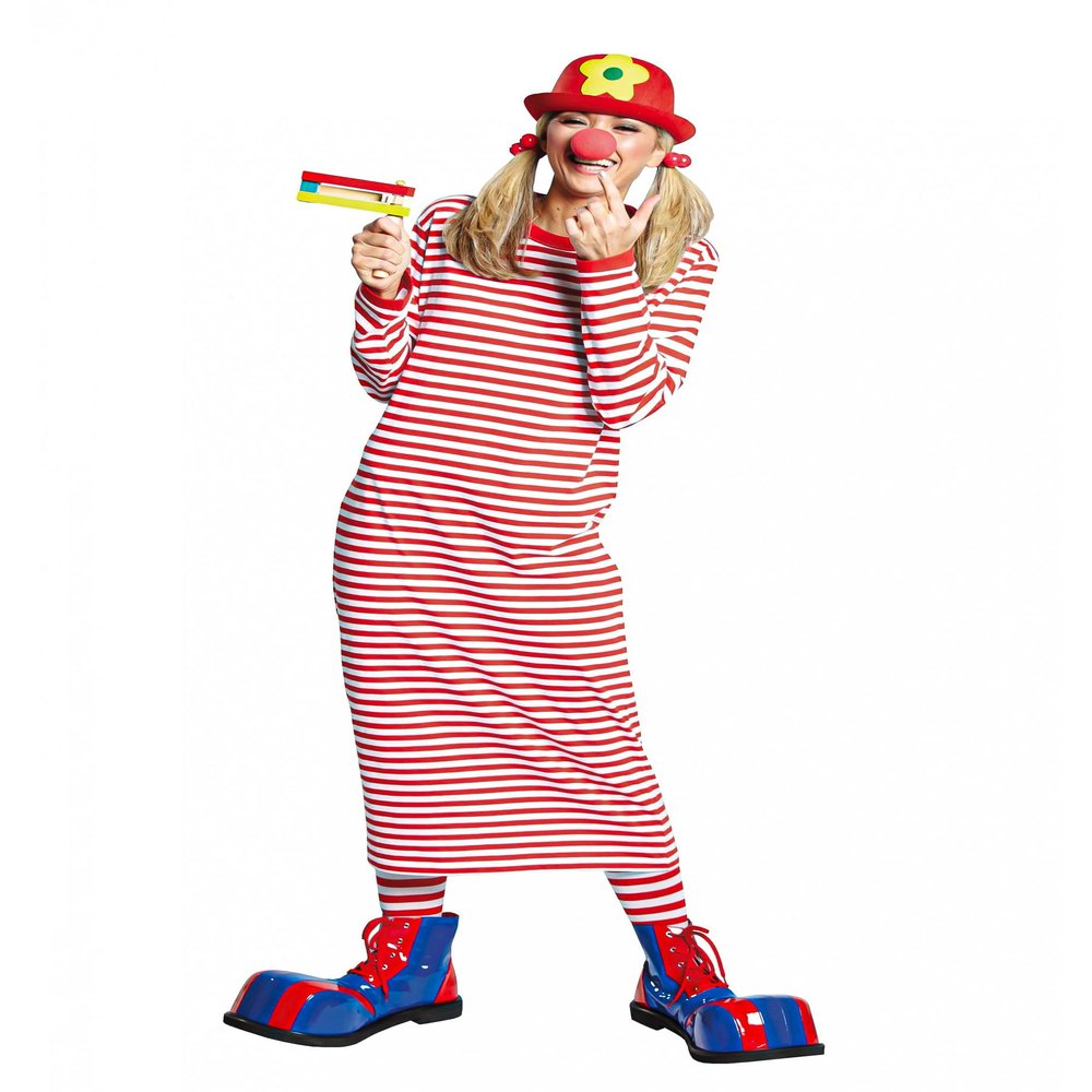 PartyXPeople Rivel Long-Sleeve Shirt | Calf-Length Clown Dress | Striped Clown Costume | Red-White 14868 - Size 6 (L)