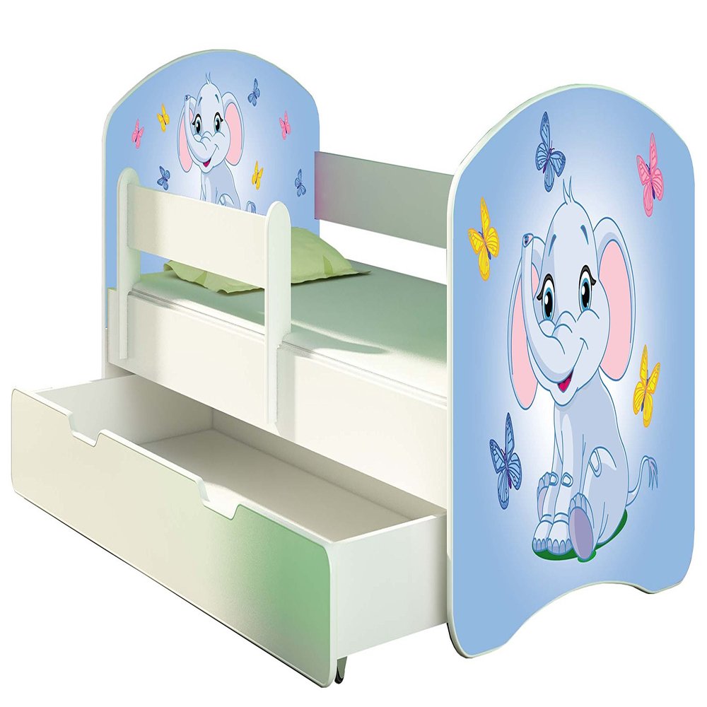 ACMA Kids' Bed 140 x 70 cm with Drawer, Mattress and Fall Protection, Elephant Design 26