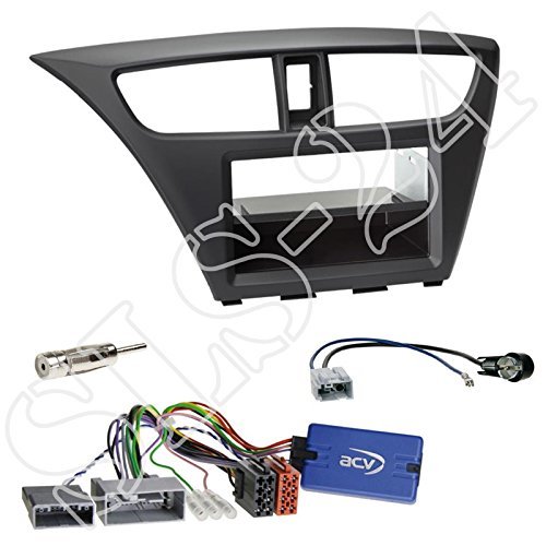 Installation Kit: Double-DIN Radio Fascia with Black Pocket and Steering Wheel Control Adapter for JVC Radios, Honda Civic (FK1/FK2/FK3) from 02/2012 and Honda Civic (FK2/FK3) from 02/2014