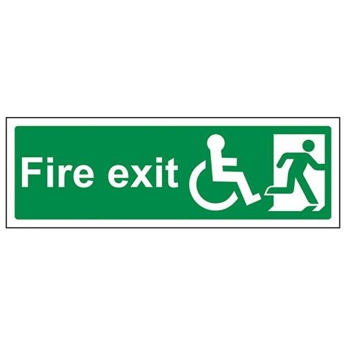 vsafety 14034 AX-R Fire Exit Sign, Wheelchair Final Fire Exit, Text, Man Right, Rigid Plastic, Green, 300 x 100 mm