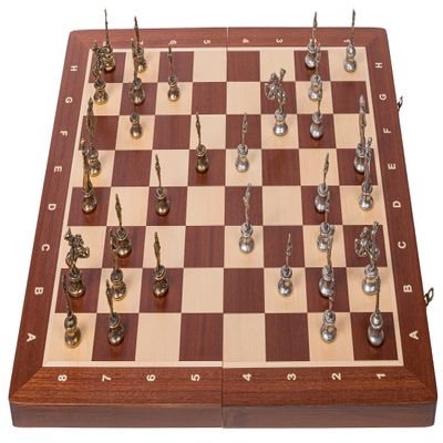 Square Napoleon Metal Chess Set with Wooden Chessboard