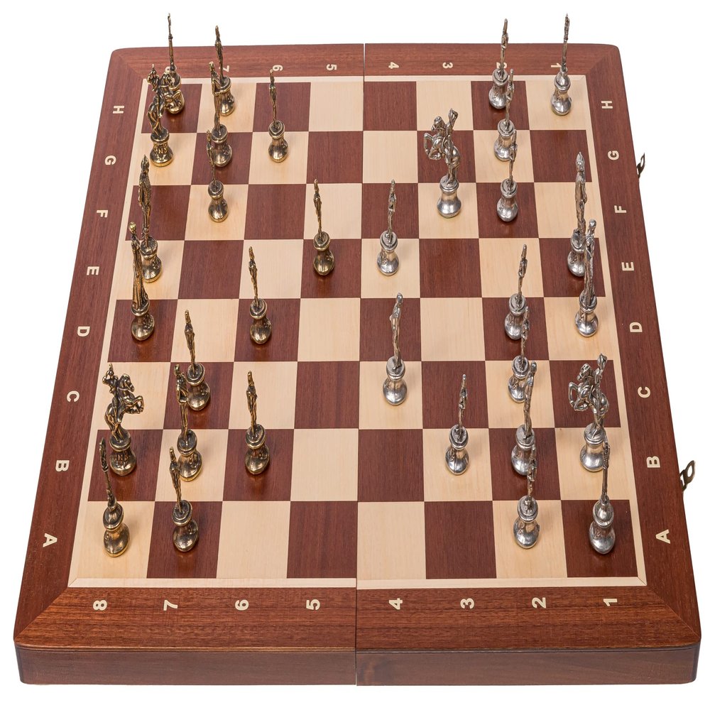 Square Napoleon Metal Chess Set with Wooden Chessboard