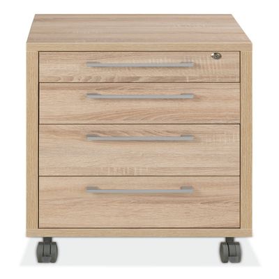 Mobile Filing Cabinet, Brown Oak, 4 Drawers, Lockable