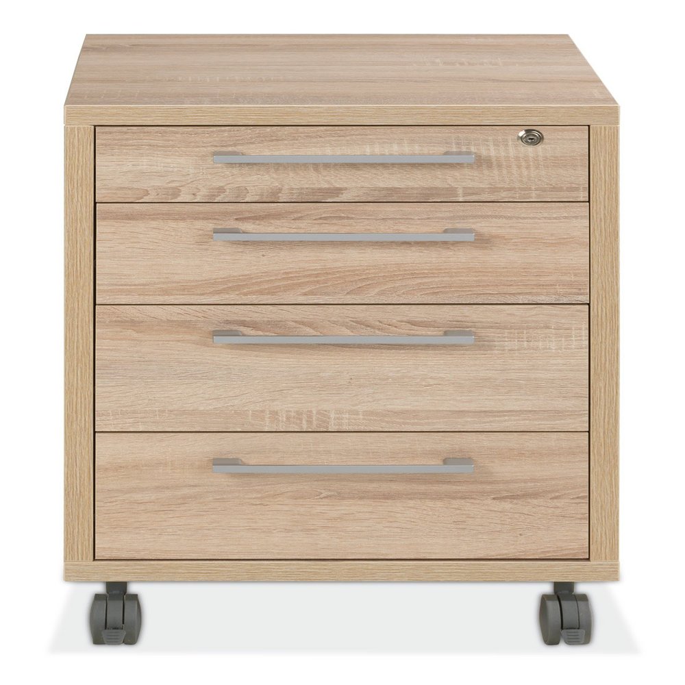 Mobile Filing Cabinet, Brown Oak, 4 Drawers, Lockable